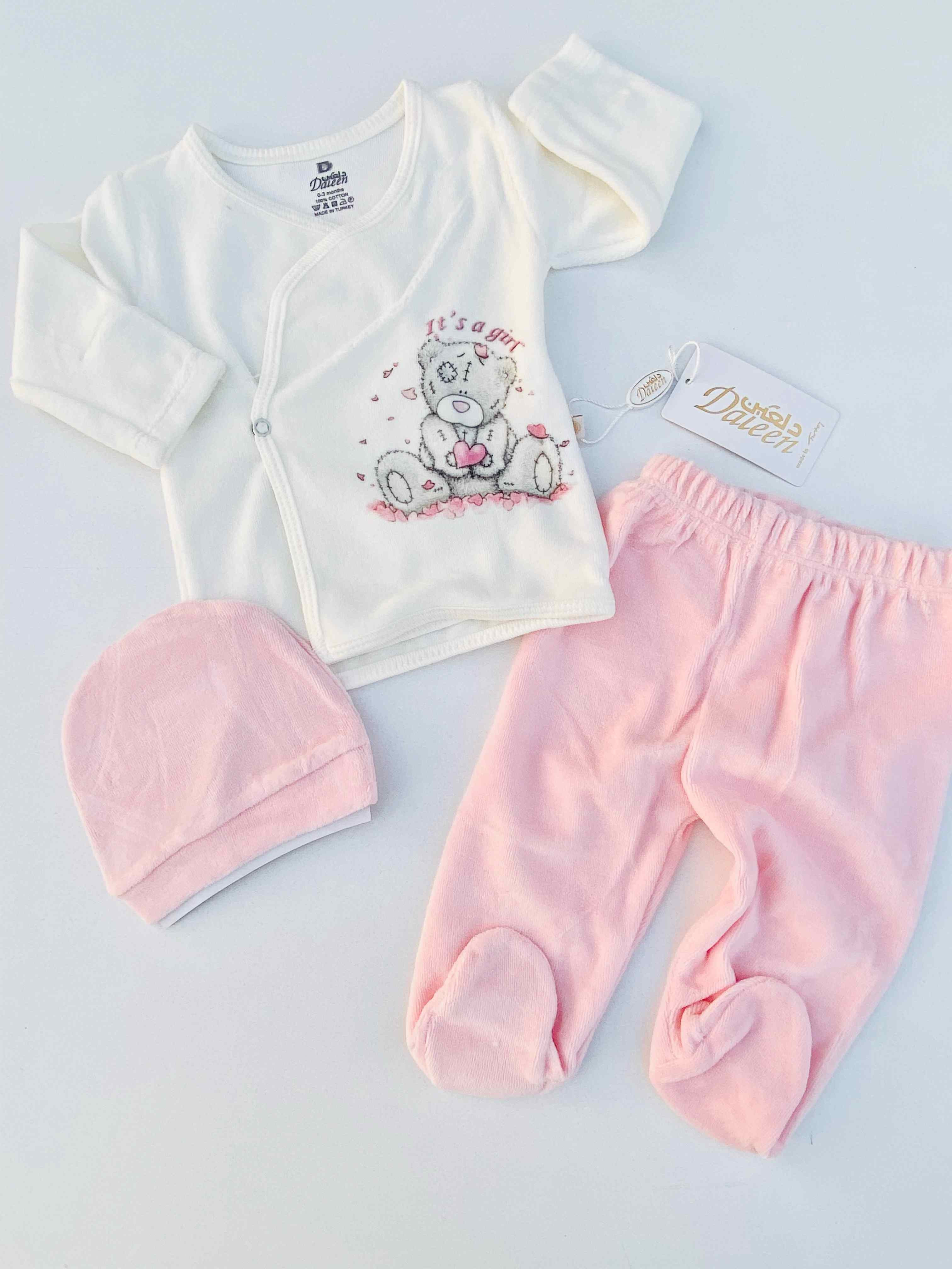 طقم 3 قطع بيبي قديفة شكل دب لون وردي Daleen 10809